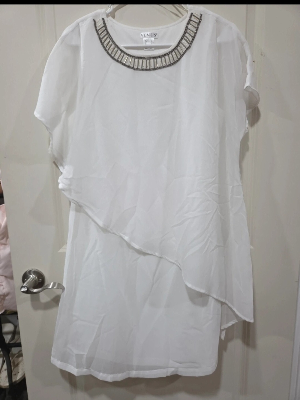 VENUS White Asymmetric Beaded-Neck Midi Dress